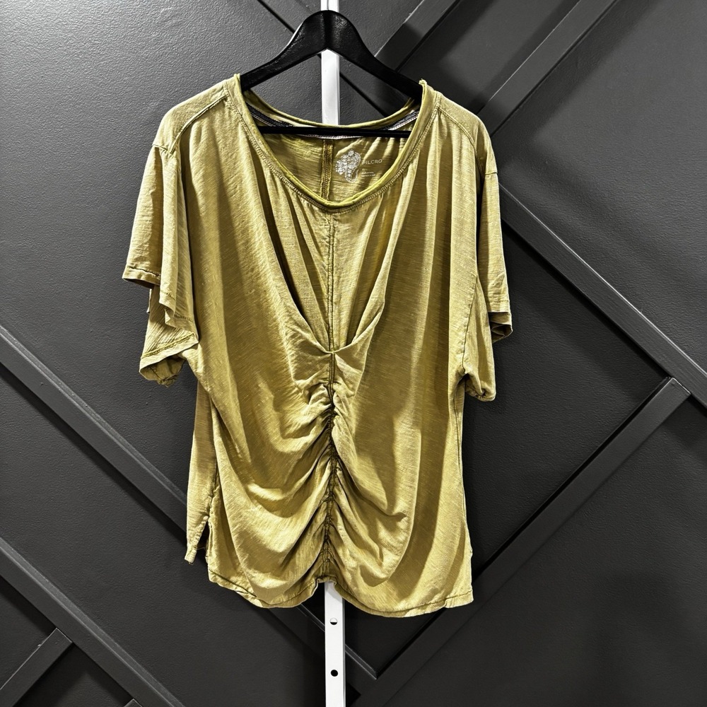 Pilcro Anthropologie Ruched Front Short Sleeve Top Mustard Yellow Size XL